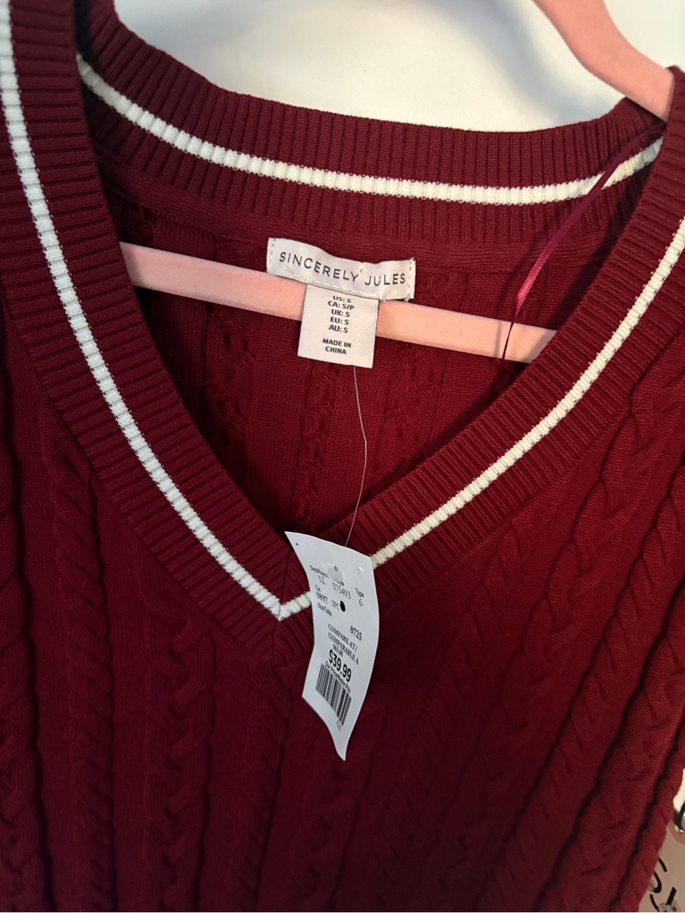 Sincerely Jules Burgundy Cable Knit V-Neck Sweater with White Stripe
